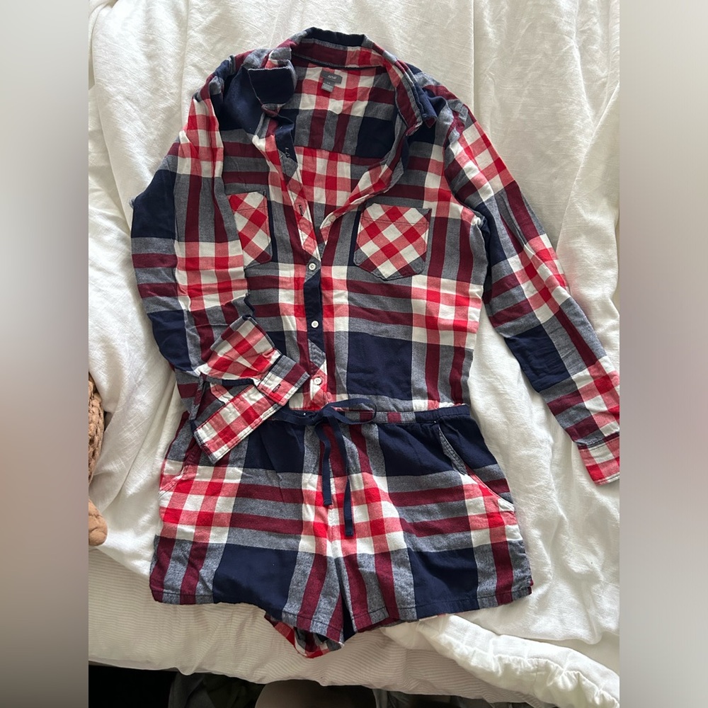 Aerie Red, Navy & white Plaid Button Romper